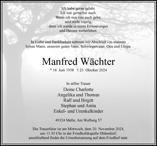 Traueranzeige von Manfred Wächter von Neue Osnabrücker Zeitung GmbH & Co. KG