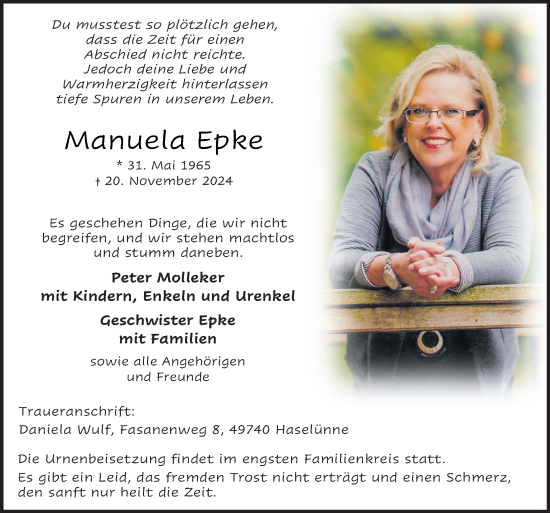 Traueranzeige von Manuela Epke von Neue Osnabrücker Zeitung GmbH & Co. KG