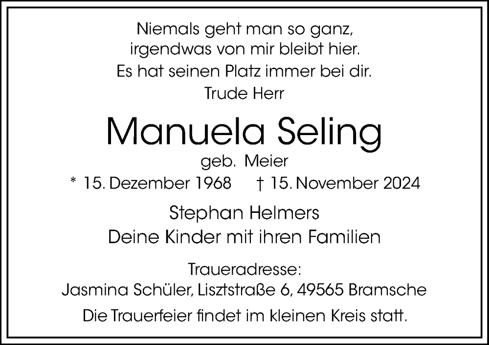  Traueranzeige für Manuela Seling vom 23.11.2024 aus Neue Osnabrücker Zeitung GmbH & Co. KG