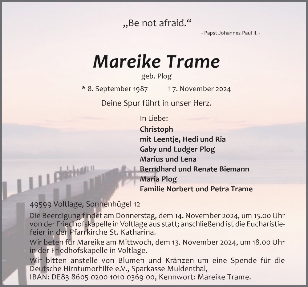  Traueranzeige für Mareike Trame vom 11.11.2024 aus Neue Osnabrücker Zeitung GmbH & Co. KG