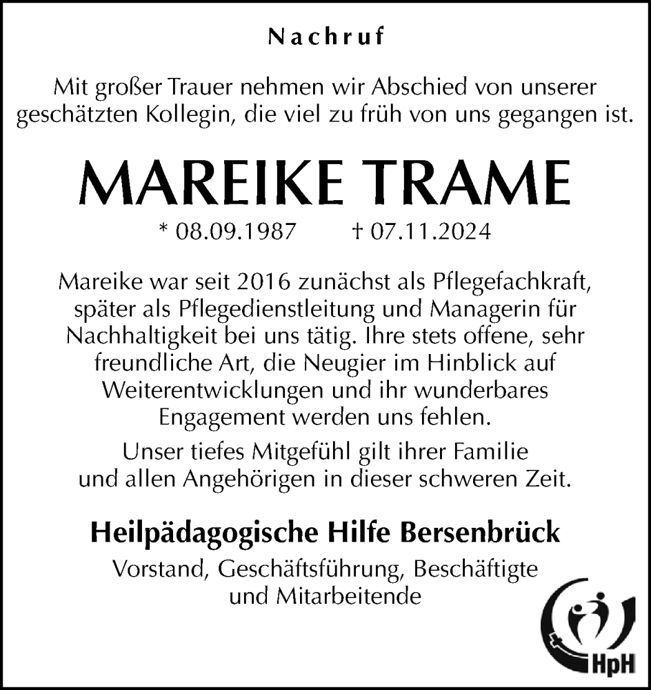  Traueranzeige für Mareike Trame vom 12.11.2024 aus Neue Osnabrücker Zeitung GmbH & Co. KG