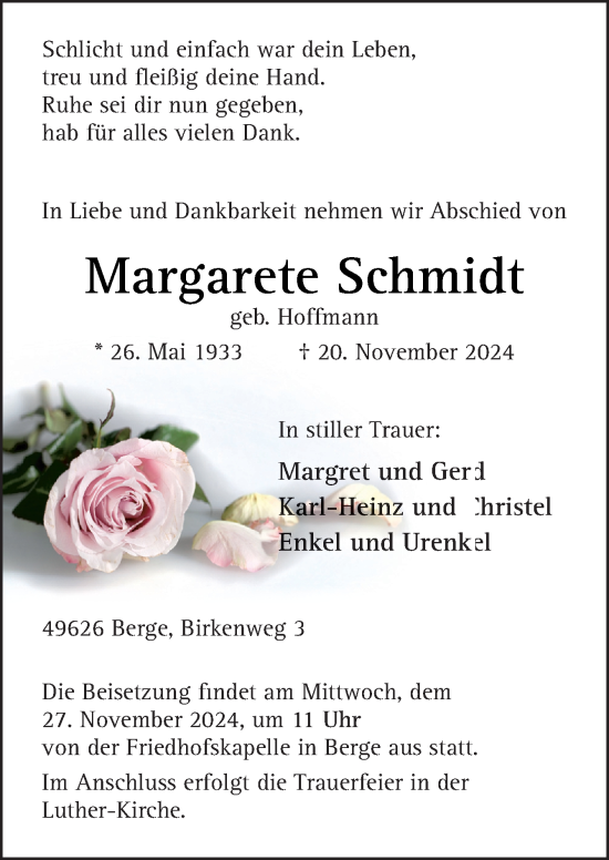 Traueranzeige von Margarete Schmidt von Neue Osnabrücker Zeitung GmbH & Co. KG