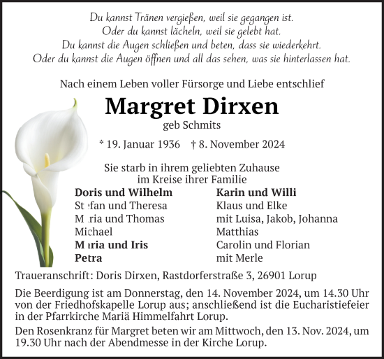 Traueranzeige von Margret Dirxen von Neue Osnabrücker Zeitung GmbH & Co. KG