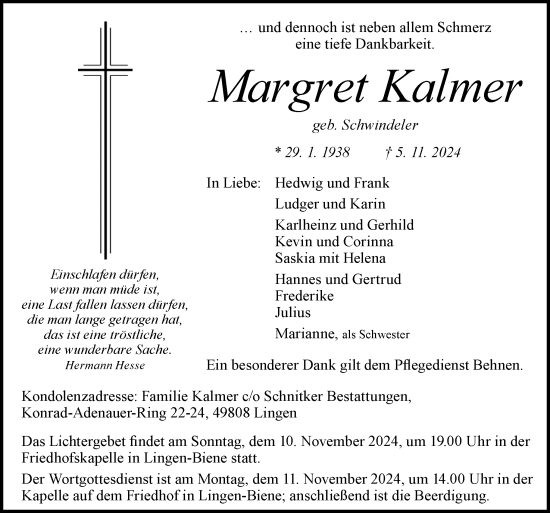 Traueranzeige von Margret Kalmer von Neue Osnabrücker Zeitung GmbH & Co. KG