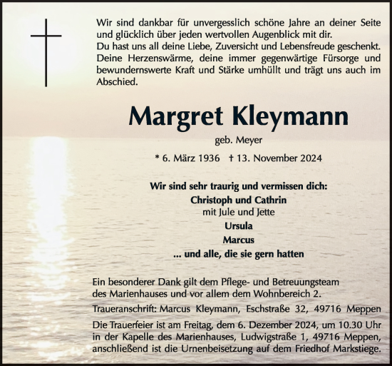 Traueranzeige von Margret Kleymann von Neue Osnabrücker Zeitung GmbH & Co. KG