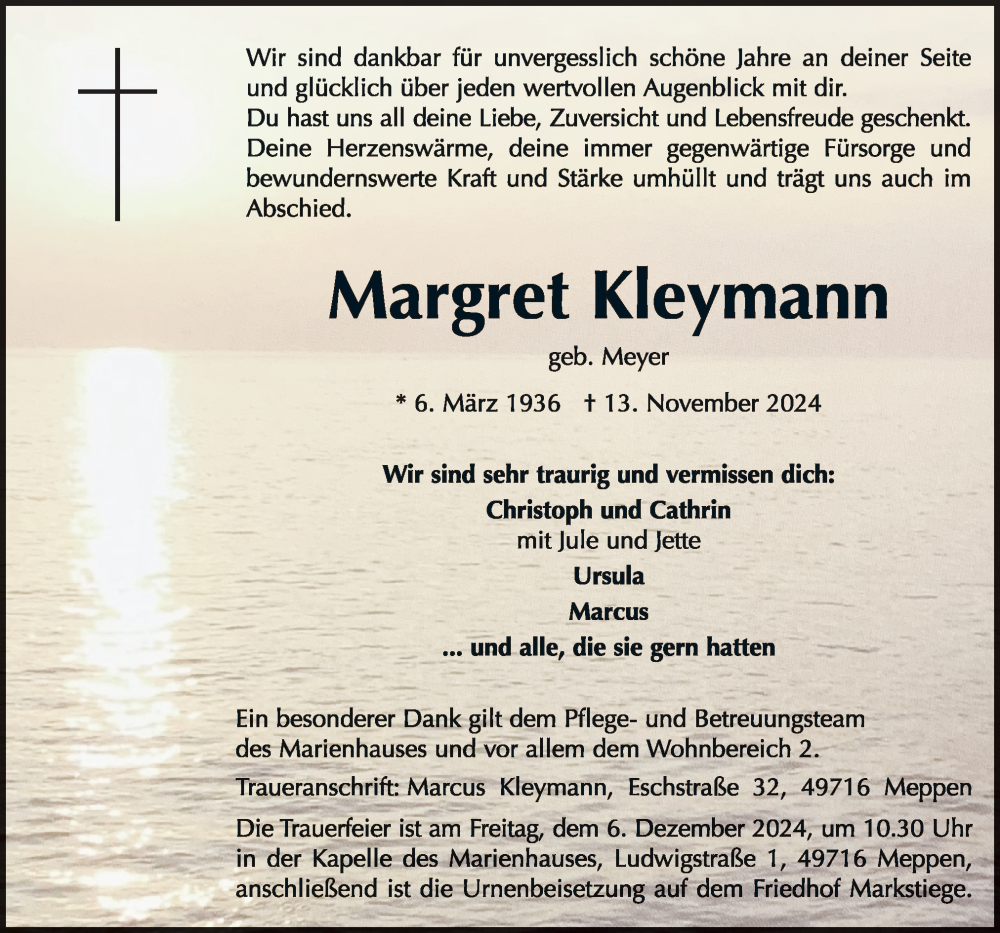  Traueranzeige für Margret Kleymann vom 30.11.2024 aus Neue Osnabrücker Zeitung GmbH & Co. KG