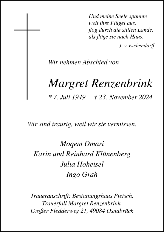 Traueranzeige von Margret Renzenbrink von Neue Osnabrücker Zeitung GmbH & Co. KG