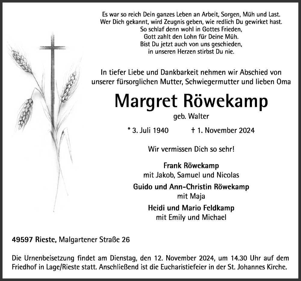  Traueranzeige für Margret Röwekamp vom 06.11.2024 aus Neue Osnabrücker Zeitung GmbH & Co. KG