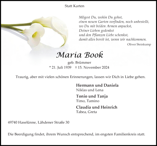 Traueranzeige von Maria Book von Neue Osnabrücker Zeitung GmbH &amp; Co. KG