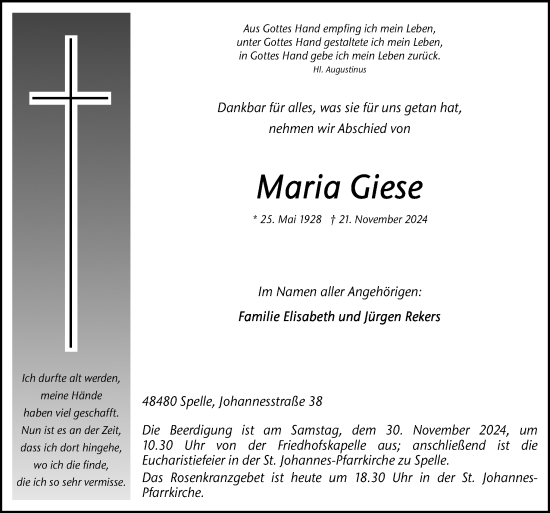 Traueranzeige von Maria Giese von Neue Osnabrücker Zeitung GmbH & Co. KG