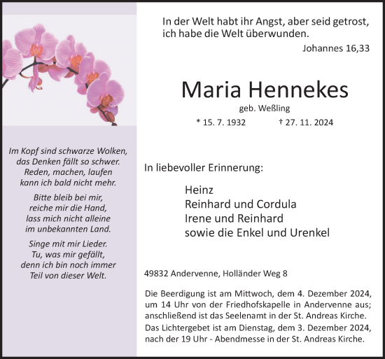 Traueranzeige von Maria Hennekes von Neue Osnabrücker Zeitung GmbH & Co. KG