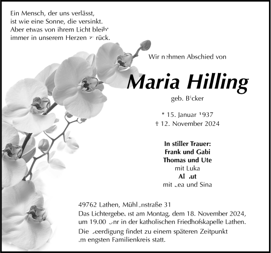 Traueranzeige von Maria Hilling von Neue Osnabrücker Zeitung GmbH & Co. KG