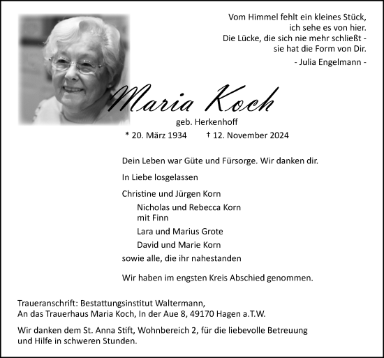 Traueranzeige von Maria Koch von Neue Osnabrücker Zeitung GmbH & Co. KG