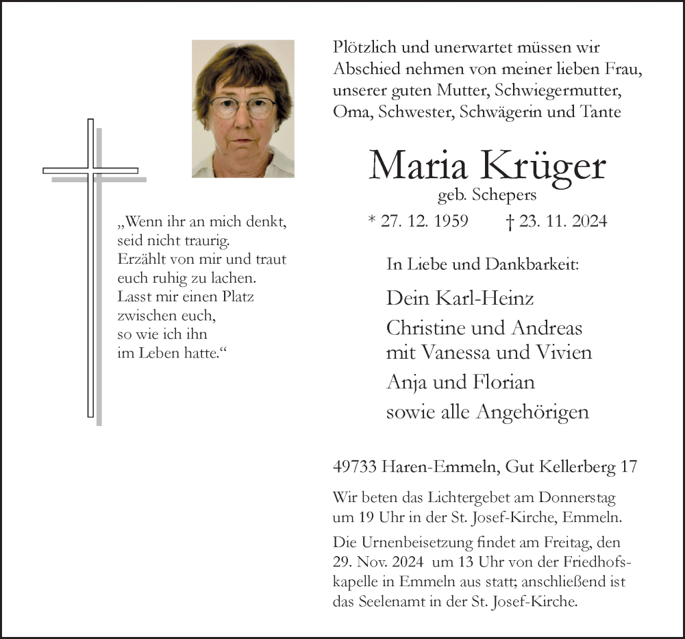  Traueranzeige für Maria Krüger vom 27.11.2024 aus Neue Osnabrücker Zeitung GmbH & Co. KG