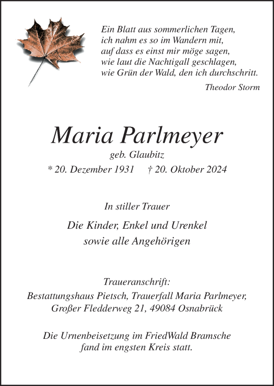 Traueranzeige von Maria Parlmeyer von Neue Osnabrücker Zeitung GmbH & Co. KG