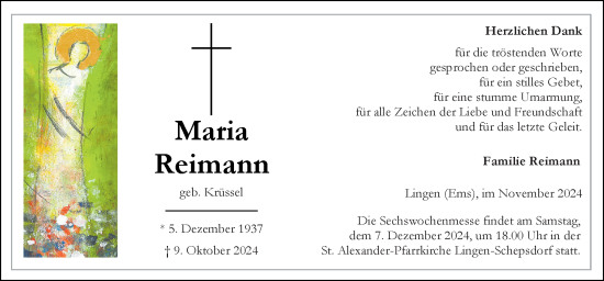 Traueranzeige von Maria Reimann von Neue Osnabrücker Zeitung GmbH & Co. KG