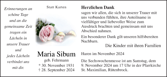 Traueranzeige von Maria Sibum von Neue Osnabrücker Zeitung GmbH & Co. KG