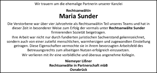 Traueranzeige von Maria Sunder von Neue Osnabrücker Zeitung GmbH & Co. KG