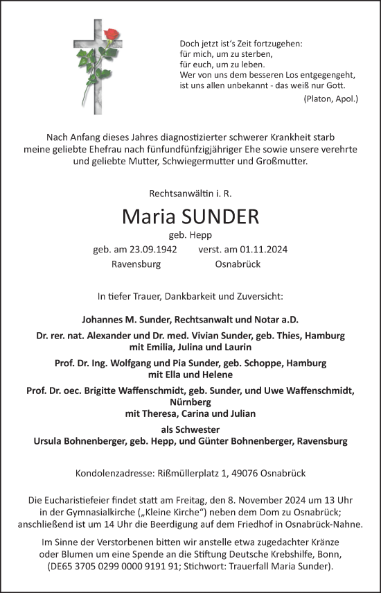 Traueranzeige von Maria Sunder von Neue Osnabrücker Zeitung GmbH & Co. KG