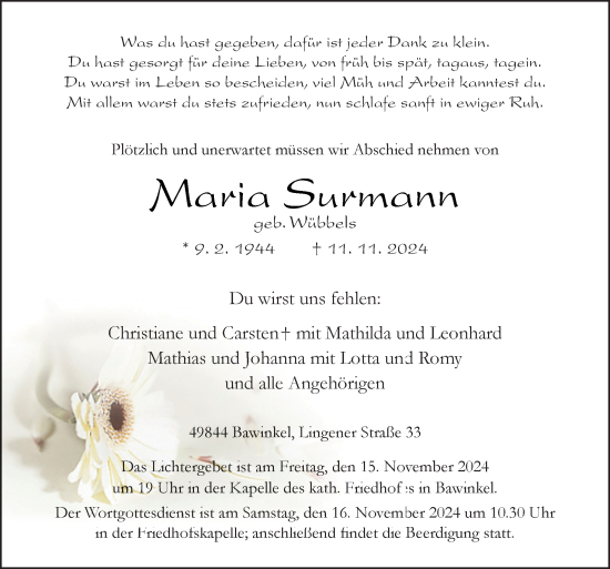 Traueranzeige von Maria Surmann von Neue Osnabrücker Zeitung GmbH & Co. KG