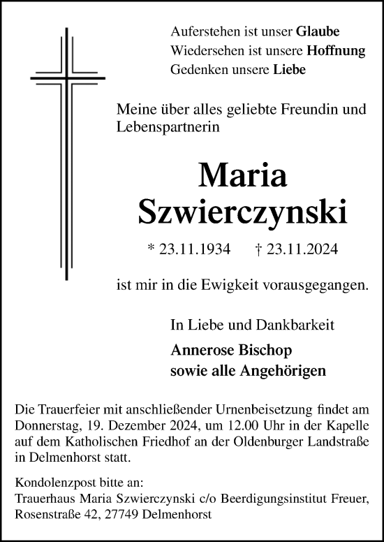 Traueranzeige von Maria Szwierczynski von DK Medien GmbH & Co. KG