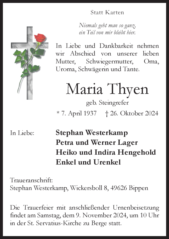  Traueranzeige für Maria Thyen vom 02.11.2024 aus Neue Osnabrücker Zeitung GmbH & Co. KG
