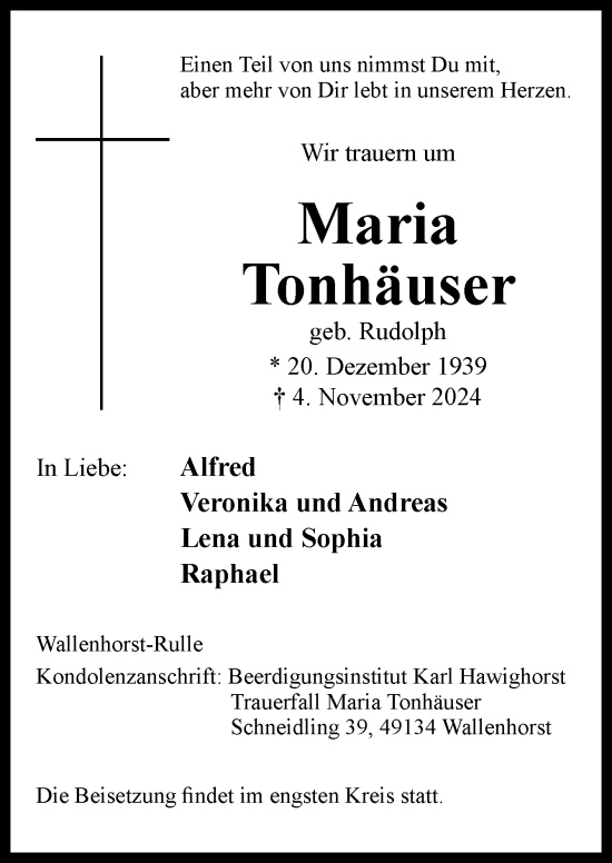 Traueranzeige von Maria Tonhäuser von Neue Osnabrücker Zeitung GmbH & Co. KG