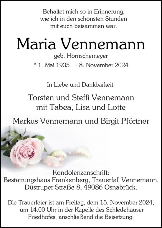 Traueranzeige von Maria Vennemann von Neue Osnabrücker Zeitung GmbH & Co. KG