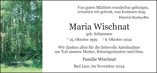 Traueranzeige von Maria Wischnat von Neue Osnabrücker Zeitung GmbH & Co. KG