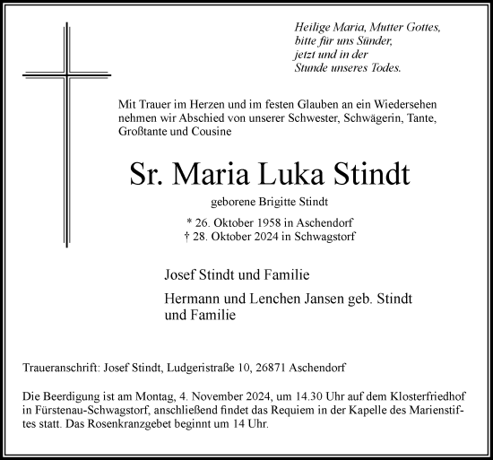 Traueranzeige von Maria Luka Stindt von Neue Osnabrücker Zeitung GmbH & Co. KG