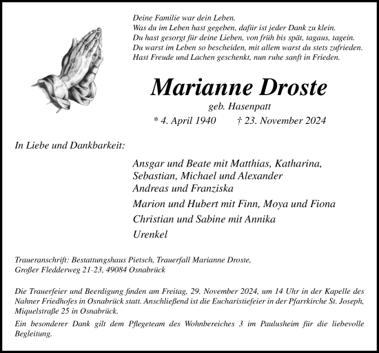 Traueranzeige von Marianne Droste von Neue Osnabrücker Zeitung GmbH & Co. KG