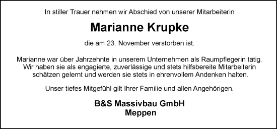 Traueranzeige von Marianne Krupke von Neue Osnabrücker Zeitung GmbH & Co. KG