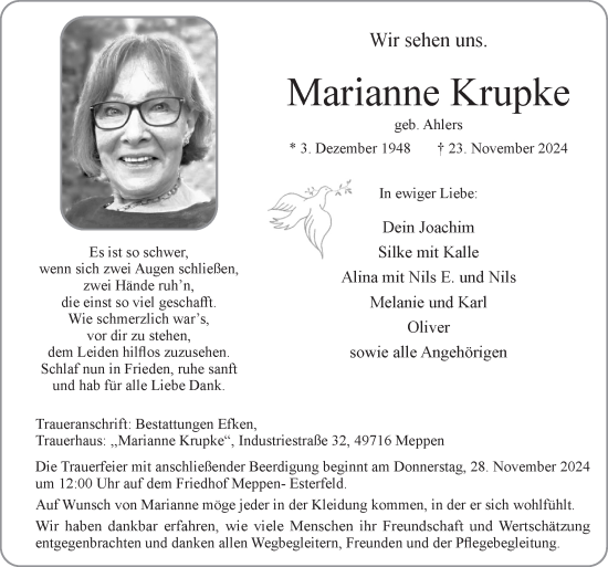 Traueranzeige von Marianne Krupke von Neue Osnabrücker Zeitung GmbH & Co. KG