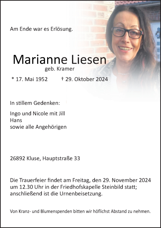 Traueranzeige von Marianne Liesen von Neue Osnabrücker Zeitung GmbH & Co. KG