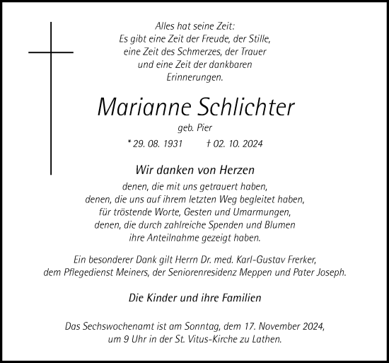 Traueranzeige von Marianne Schlichter von Neue Osnabrücker Zeitung GmbH & Co. KG