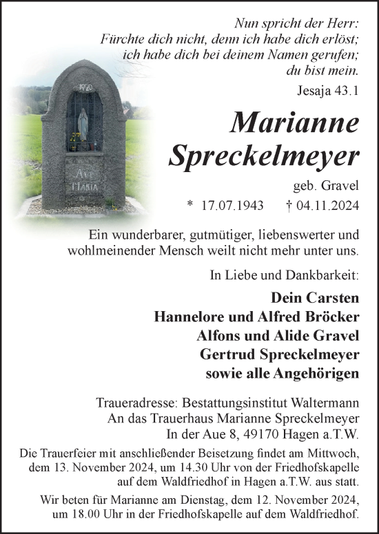 Traueranzeige von Marianne Spreckelmeyer von Neue Osnabrücker Zeitung GmbH & Co. KG