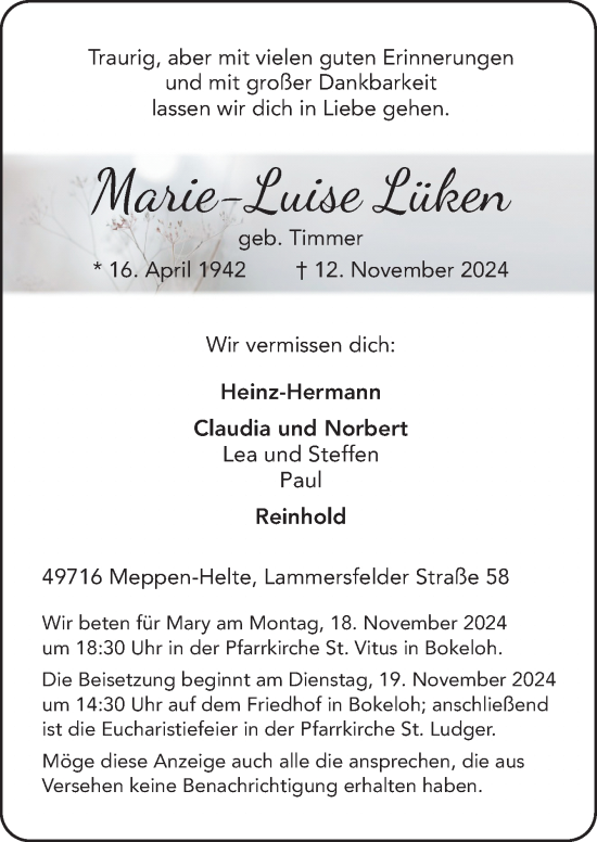 Traueranzeige von Marie-Luise Lüken von Neue Osnabrücker Zeitung GmbH & Co. KG