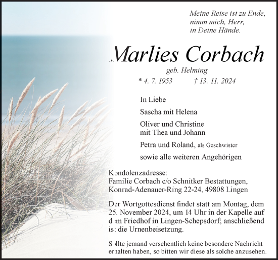 Traueranzeige von Marlies Corbach von Neue Osnabrücker Zeitung GmbH & Co. KG