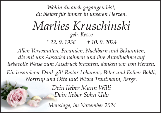 Traueranzeige von Marlies Kruschinski von Neue Osnabrücker Zeitung GmbH & Co. KG