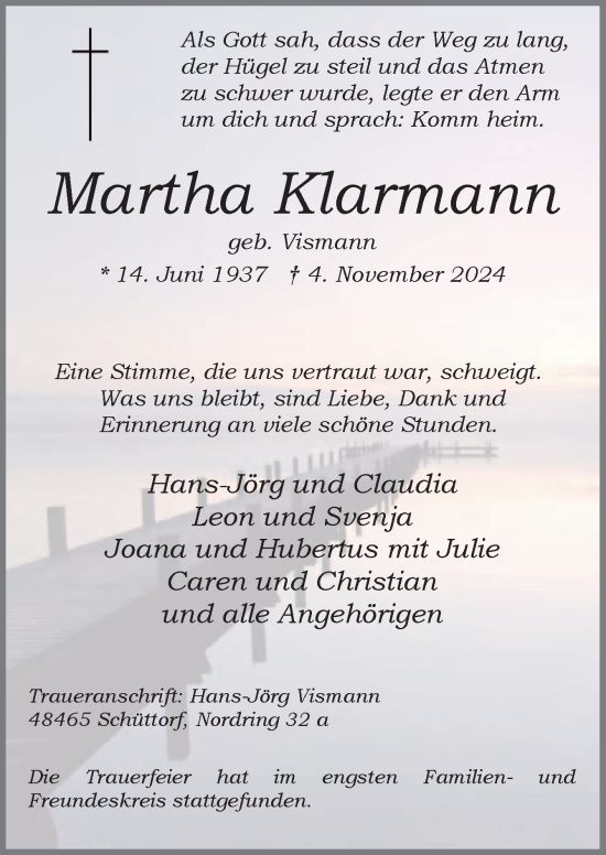 Traueranzeige von Martha Klarmann von Neue Osnabrücker Zeitung GmbH & Co. KG