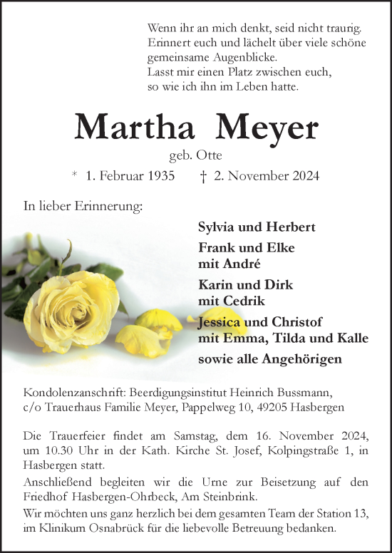 Traueranzeige von Martha Meyer von Neue Osnabrücker Zeitung GmbH & Co. KG