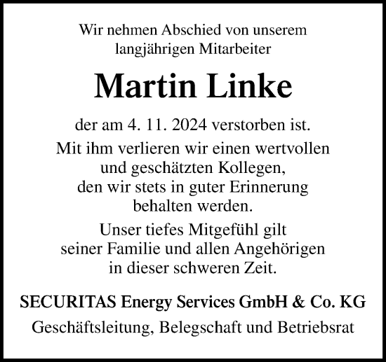 Traueranzeige von Martin Linke von Neue Osnabrücker Zeitung GmbH & Co. KG
