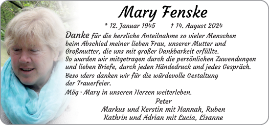 Traueranzeige von Mary Fenske von Neue Osnabrücker Zeitung GmbH & Co. KG