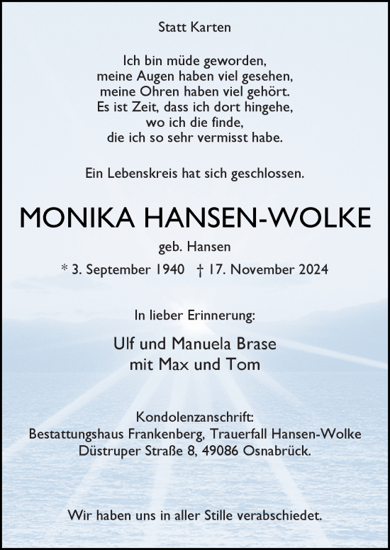 Traueranzeige von Monika Hansen-Wolke von Neue Osnabrücker Zeitung GmbH & Co. KG