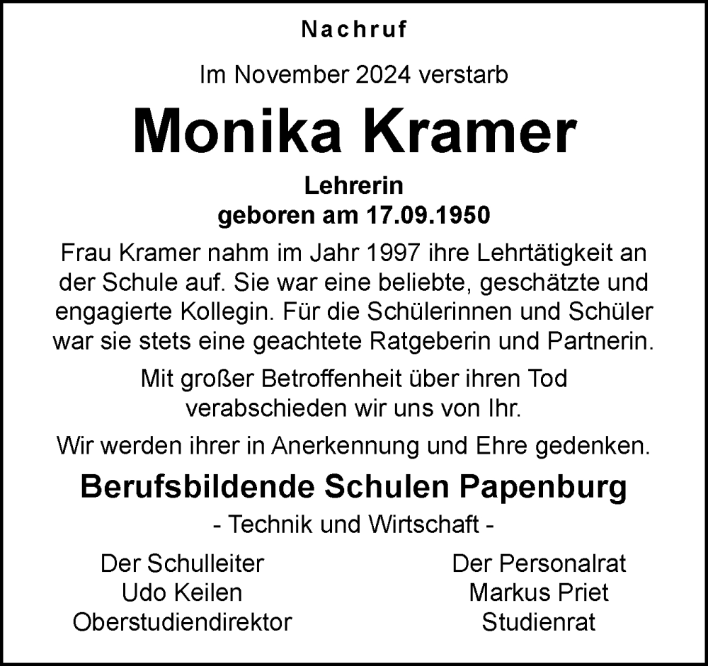  Traueranzeige für Monika Kramer vom 14.11.2024 aus Neue Osnabrücker Zeitung GmbH & Co. KG