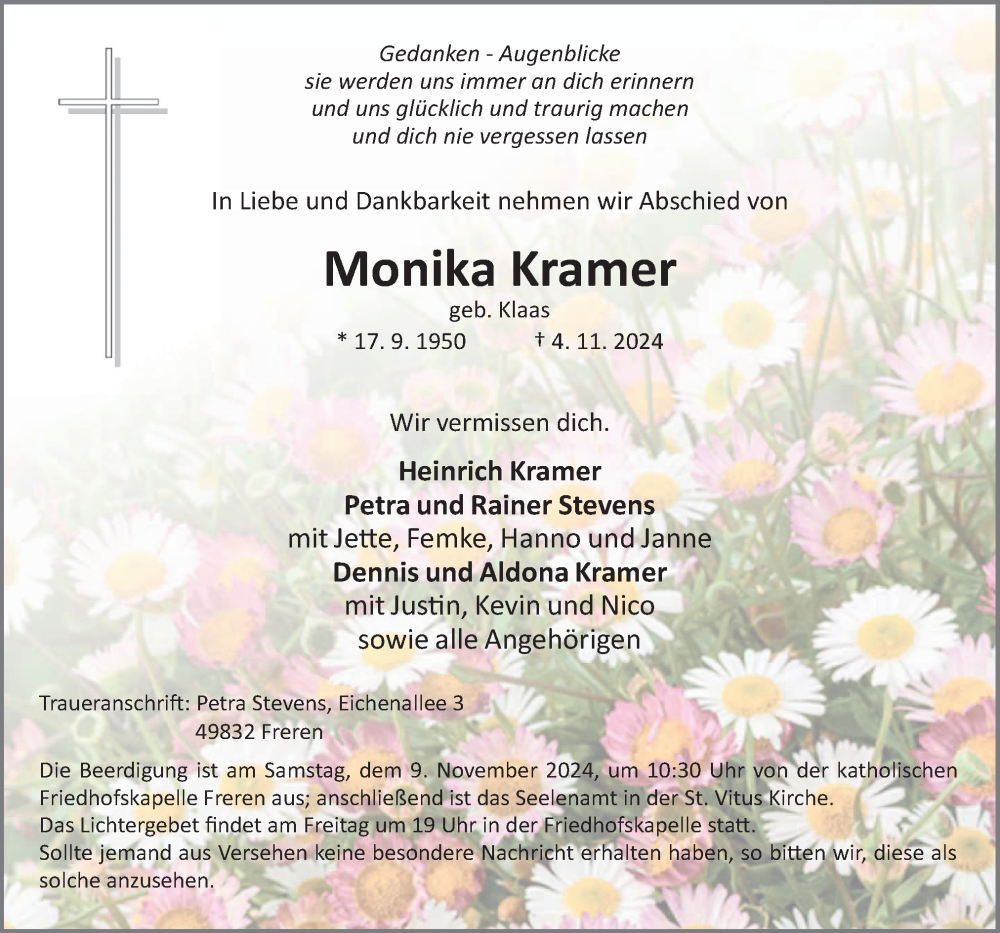  Traueranzeige für Monika Kramer vom 06.11.2024 aus Neue Osnabrücker Zeitung GmbH & Co. KG