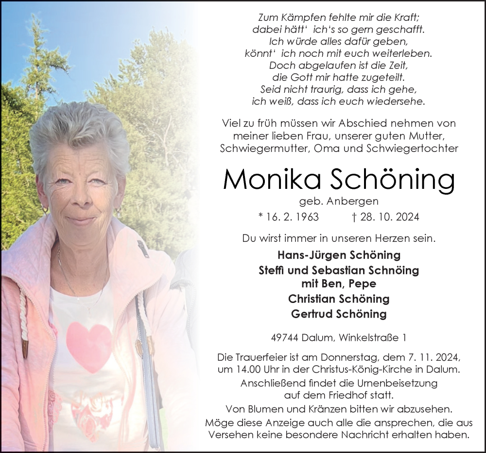  Traueranzeige für Monika Schöning vom 01.11.2024 aus Neue Osnabrücker Zeitung GmbH & Co. KG