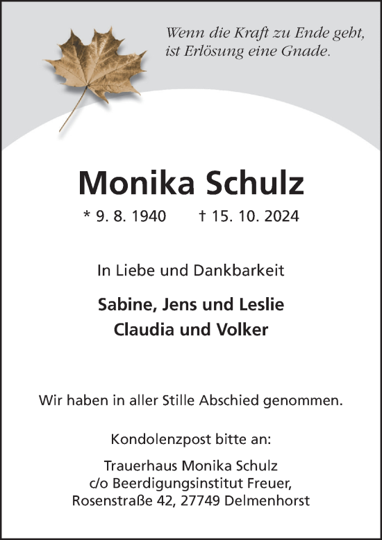 Traueranzeige von Monika Schulz von DK Medien GmbH & Co. KG