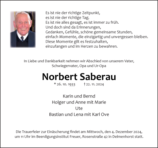 Traueranzeige von Norbert Saberau von DK Medien GmbH & Co. KG