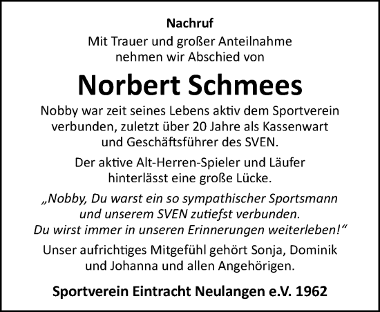 Traueranzeige von Norbert Schmees von Neue Osnabrücker Zeitung GmbH & Co. KG